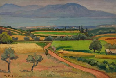 Landscape with Kiato and Corinthian Gulf in Background — Oil painting, Fiberboard, 38.00×55.00cm — Theodoros Markellos